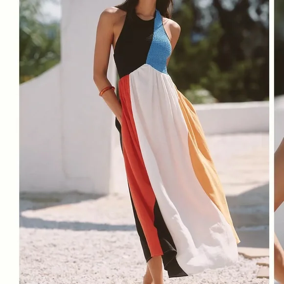 Anthropologie Celandine Women’s Linen Blend Smocked Halter Midi Dress Large - Picture 1 of 10